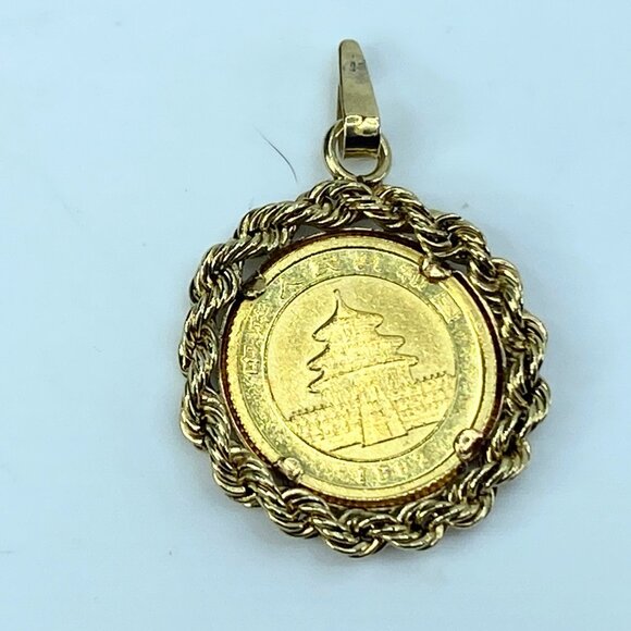 1992 China Panda 1/20oz 5 yuan gold coin 14k Rope link bezel 2.6g JR9342 - Picture 4 of 7